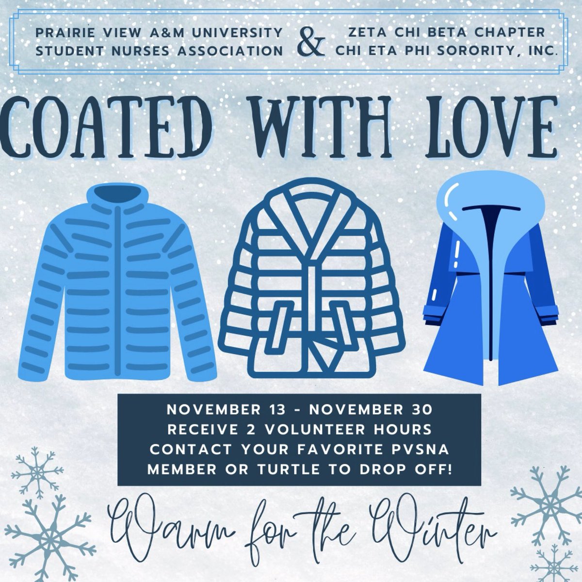 PvsnaC's tweet photo. Temps are dropping, Christmas trees are rising 🎄This season, let’s help out the students at Black Elementary in Aldine ISD with our Annual Jacket &amp; Coat Drive 🧥❄️Contact your favorite PVSNA member or favorite Turtle to donate and receive 2 community service hours ☃️ https://t.co/VLNQpXwrgK