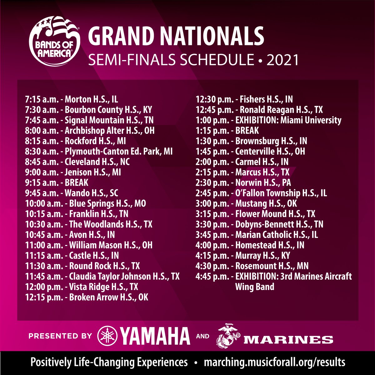 BANDSOFAMERICA's tweet photo. Congratulations to the 34 bands performing at the 2021 Bands of America Grand National Semi-Finals, presented by Yamaha and the U.S. Marines. We will see you at 7:15 tomorrow! #boa2021 https://t.co/M9wmAr15lq