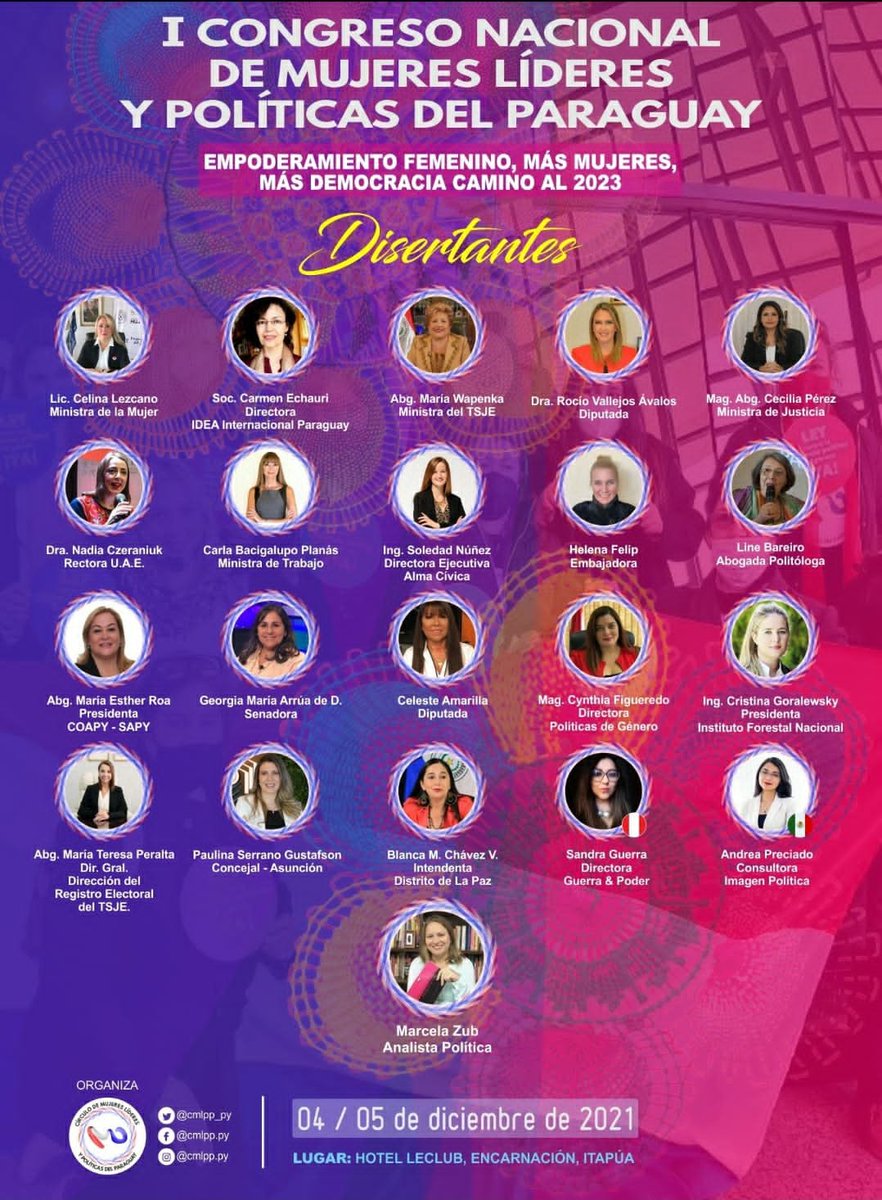 GuerraSandra_'s tweet photo. El @cmlpp_py, aliadas de @GuerrayPoder @cmmujeres, viene organizando el I Congreso Nacional de Mujeres Líderes y Políticas del Paraguay 🇵🇾 en el que participan mujeres referentes de este país. 

Tengo el honor de ser una de las invitadas de fuera. Gracias.

#mujerespolíticas https://t.co/Ps6eNqZpKT