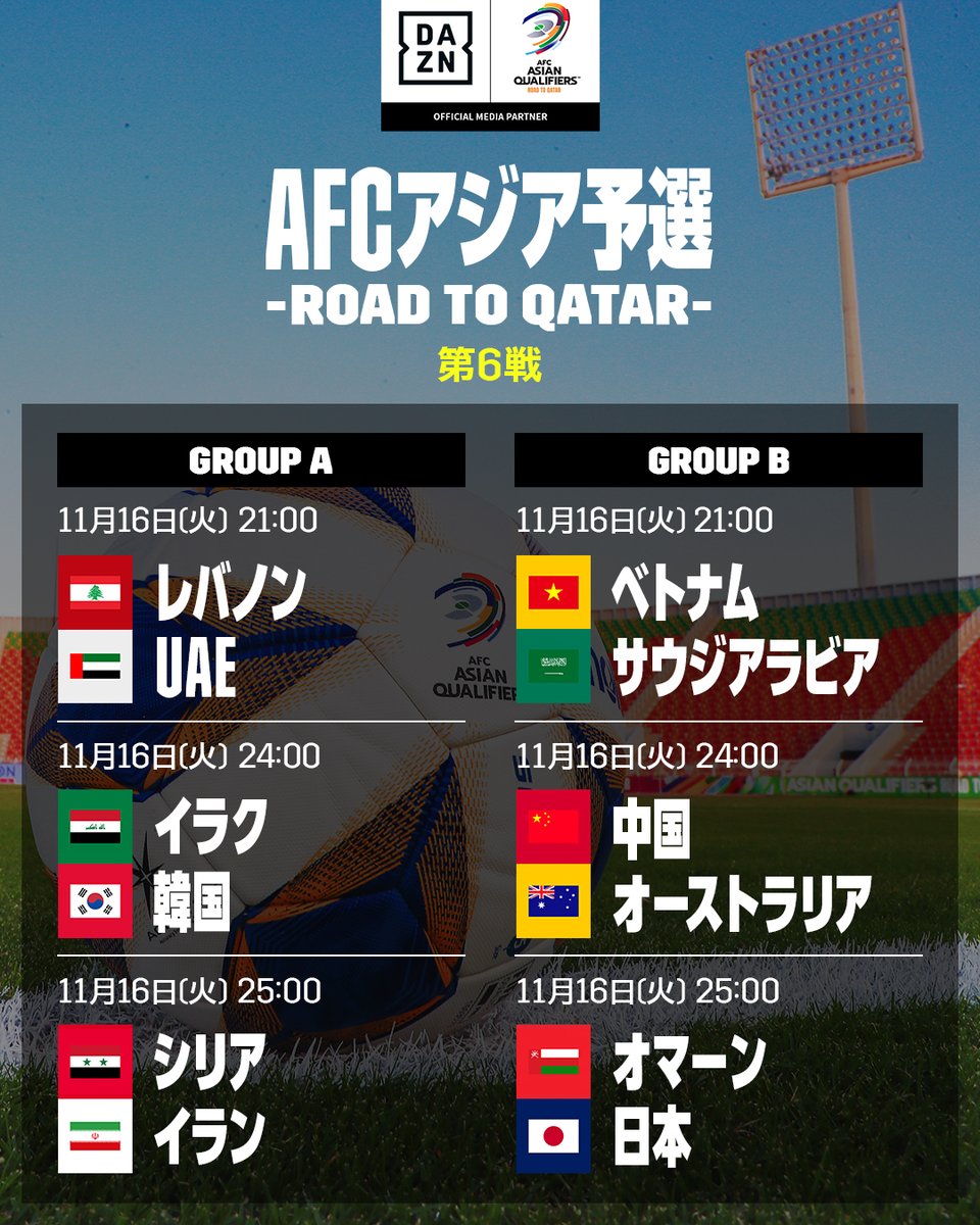 DAZN_JPN's tweet photo. ／
AFCアジア予選-Road to Qatar-⚽
第6戦も #DAZN で配信📺
＼

📅11/16(火)
🆚レバノン×UAE
🆚イラク×韓国
🆚シリア×イラン

🆚ベトナム×サウジアラビア
🆚中国×オーストラリア🗣戸田��幸/野村明弘
🆚オマーン×日本
 🗣佐藤寿人/岡田武史/西岡明彦
 🗣矢部浩之/内田篤人

#この戦いにすべてを懸けろ https://t.co/CvyqolABZp