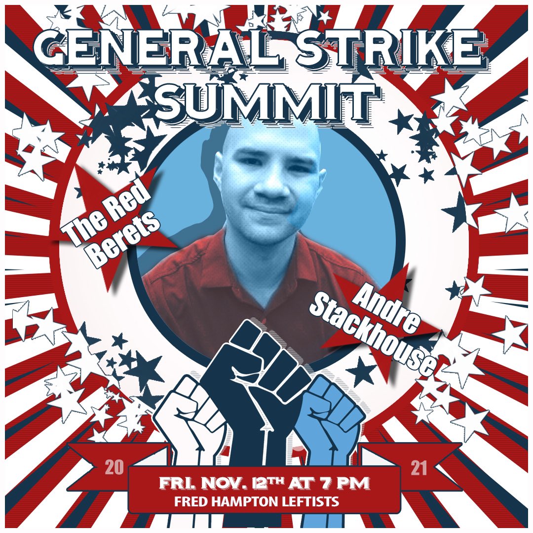 RedBeretsM4All's tweet photo. The beautiful graphic art for all of the @FredHamptonLeft #FHLnetwork
#GeneralStrikeSummit was done by @RobinDuehring♥️♥️ https://t.co/UfXWAC9XMq