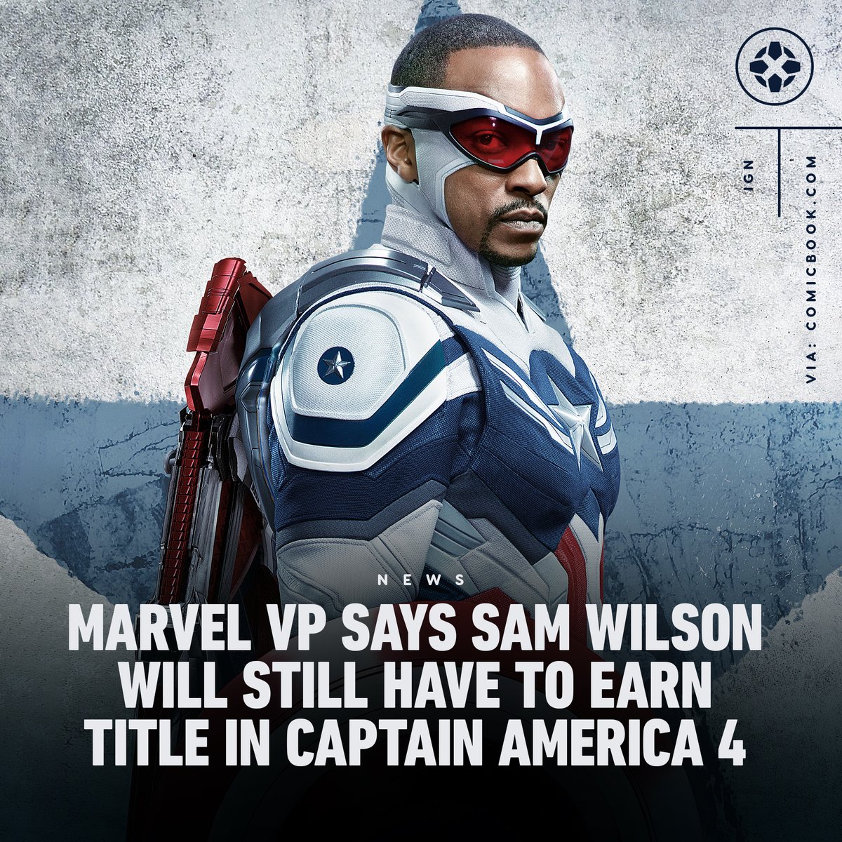 IGN's tweet photo. Marvel VP Nate Moore says that Sam Wilson's journey in Captain America 4 will be about how he earns the Cap title without superpowers. "We're going to put him through the wringer and make him earn it." https://t.co/1Q4uIQgovs