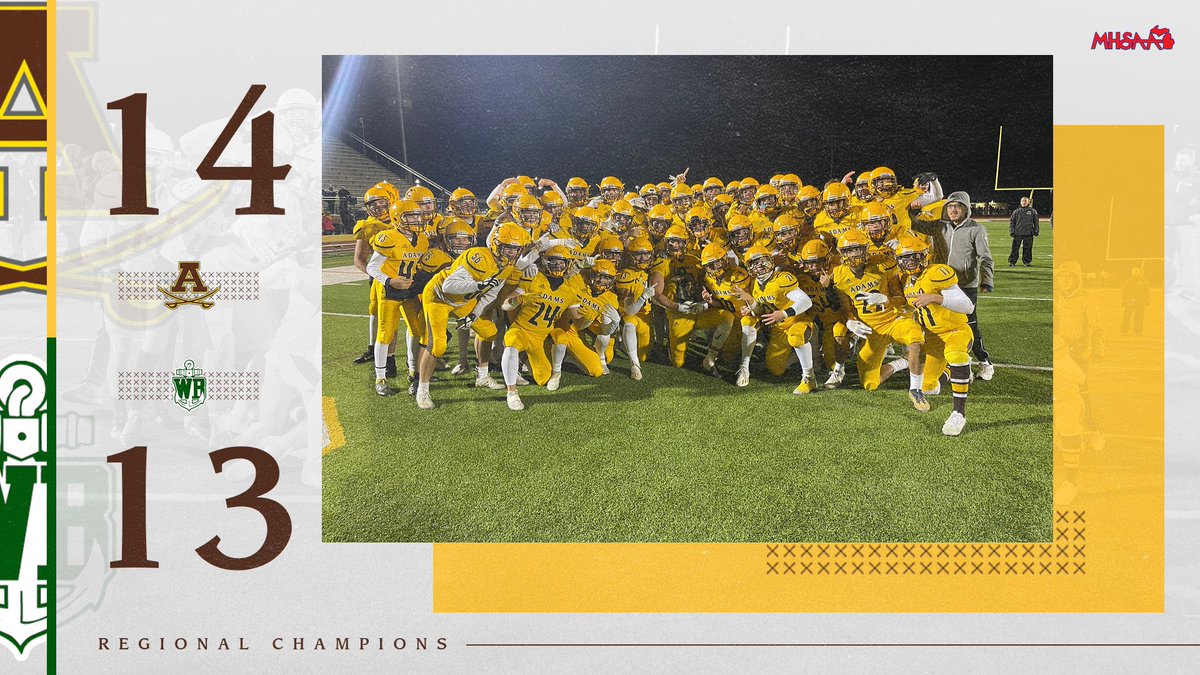 athletics_adams's tweet photo. Final: Adams 14 West Bloomfield 13. The Highlanders respond in the 2nd half to bring home the regional championship. They will advance to the state semifinals next week. 8 more days was earned tonight with a gritty team performance. https://t.co/Iw00diOpjm