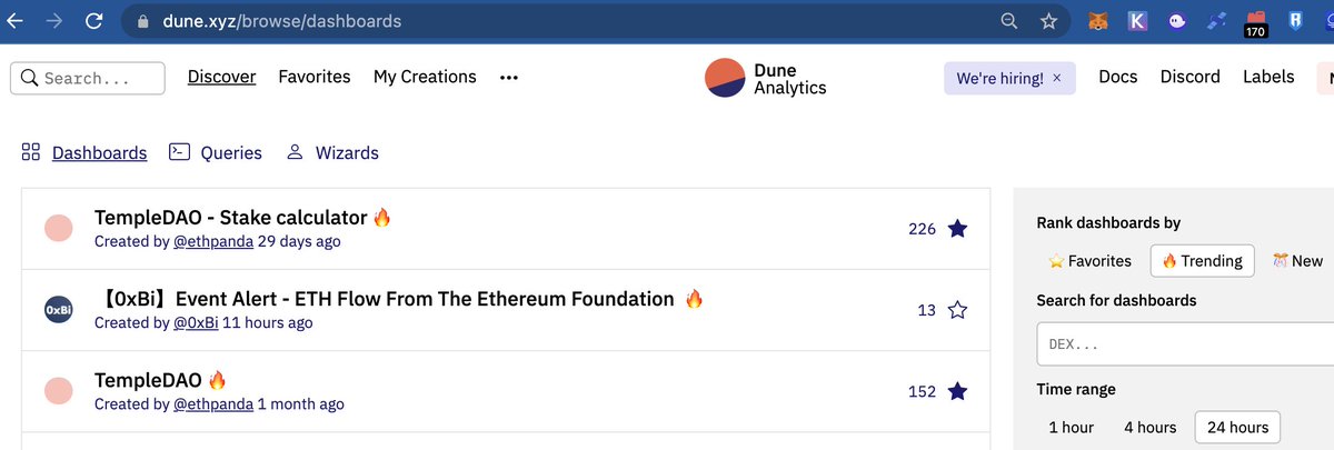 0xethpanda's tweet photo. Love the new "Trending" feature for  @DuneAnalytics  dashboards 😍

Funny enough 2 out of the top 3 are for @templedao (over the last 24 hours) !

... probably nothing https://t.co/zBDQ2lvWqV