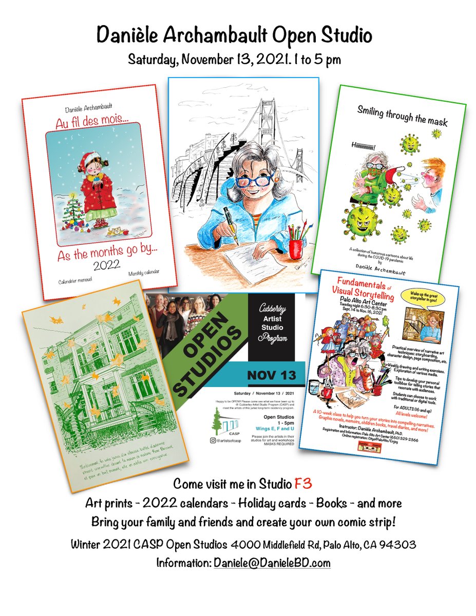 CASP 2021 Open Studios this Sat. Nov. 13. 1-5 pm. Come visit me in F3. Find out about my art projects, books and calendars. Bring your family and friends and create your own comic strip. See me in studio F3

<a href="/PaloAltoArt/">Palo Alto Art Center</a>
 
<a href="/PaloAltoLibrary/">Palo Alto Library</a>
 
<a href="/publicartpa/">Palo Alto Public Art</a>
 
<a href="/ArtistsOfCASP/">Cubberley Artist Studio Program</a>
