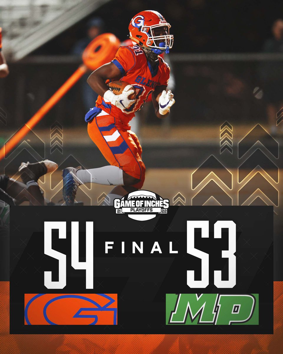 GameofInchesHSS's tweet photo. .@GlennFootball14 pulls off an incredible second half comeback to advance to the next round of the playoffs‼️ Defeating Myers Park, 54-53🏈 #NCHSAAFB https://t.co/lw2mey1xFc