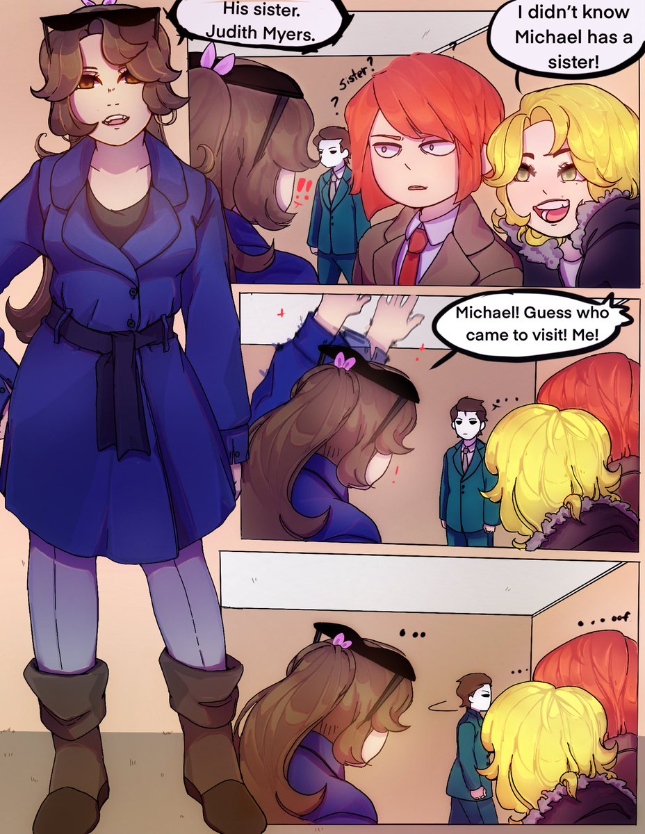 OfficeOFHorror's tweet photo. Guess who came to visit Michael! Judith Myers need some love! Sorry for inconsistent style, I wanted to experiment coloring 😅 this is part one. I’m thinking of branching more from office of horror and create a slash of life comic , like ‘Mike and Jude’ #MichaelMyers #Halloween https://t.co/noFPHTDzZe