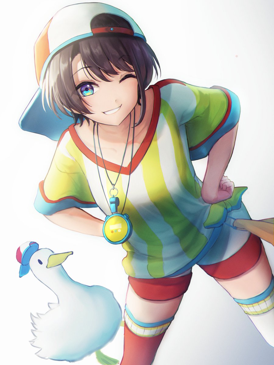 oozora subaru 1girl swept bangs shirt striped shirt one eye closed vertical-striped shirt bangs  illustration images