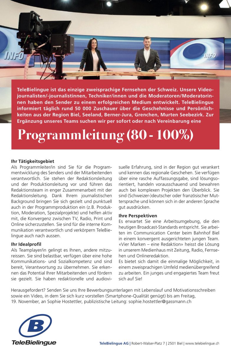 Lust auf eine neue Herausforderung? Envie d’un nouveau défi? <a href="/telebielinguetv/">TeleBielingueTV</a> sucht eine neue Programmleitung! 

➡️ DE: ow.ly/FEpA50GM3EC
➡️ FR: ow.ly/hYap50GM3EE