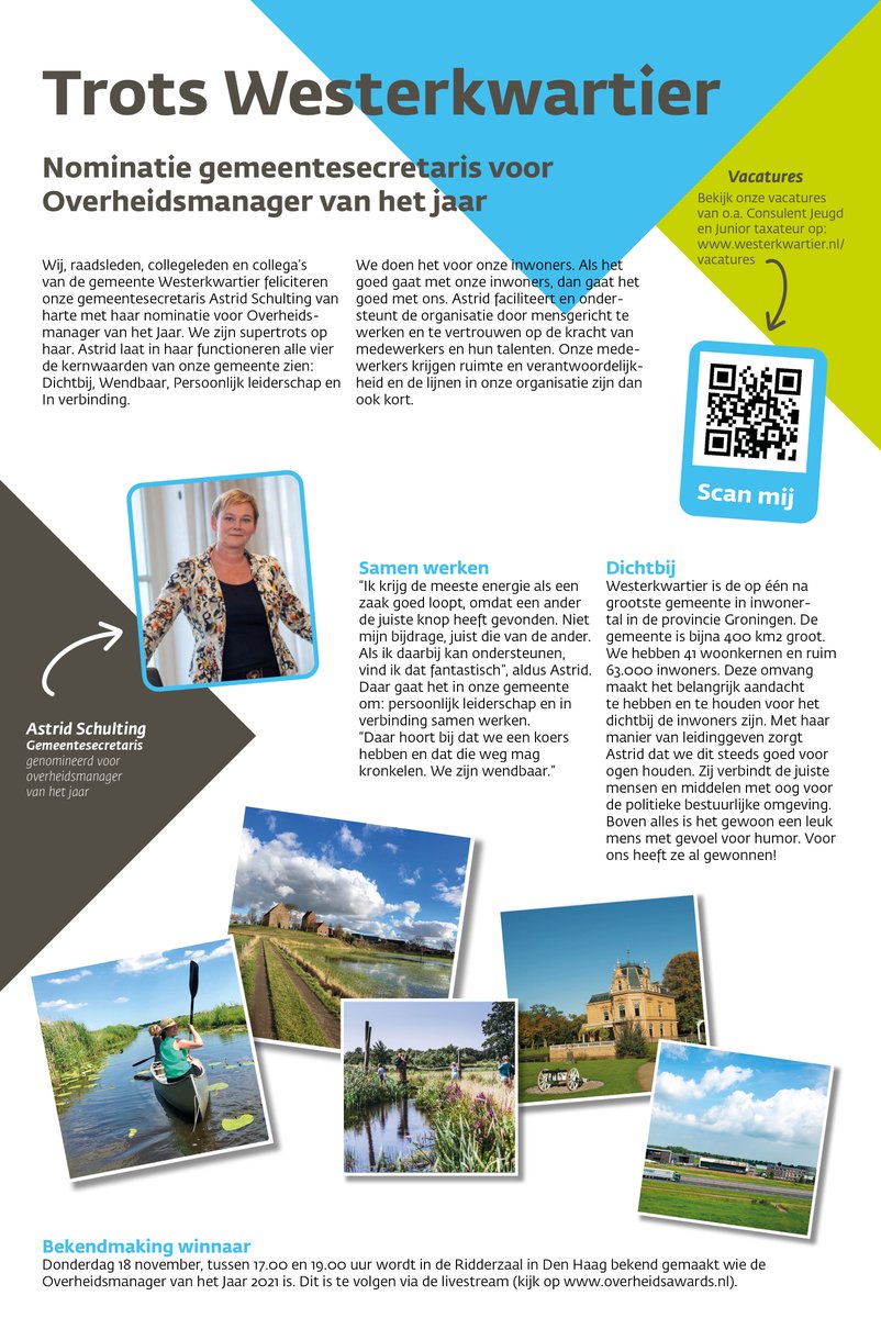 Wij, raadsleden, collegeleden en collega’s van de gemeente Westerkwartier feliciteren onze gemeentesecretaris Astrid Schulting van harte met haar nominatie voor Overheidsmanager van het Jaar. We zijn supertrots op haar.

westerkwartier.nl/bestuur-organi…