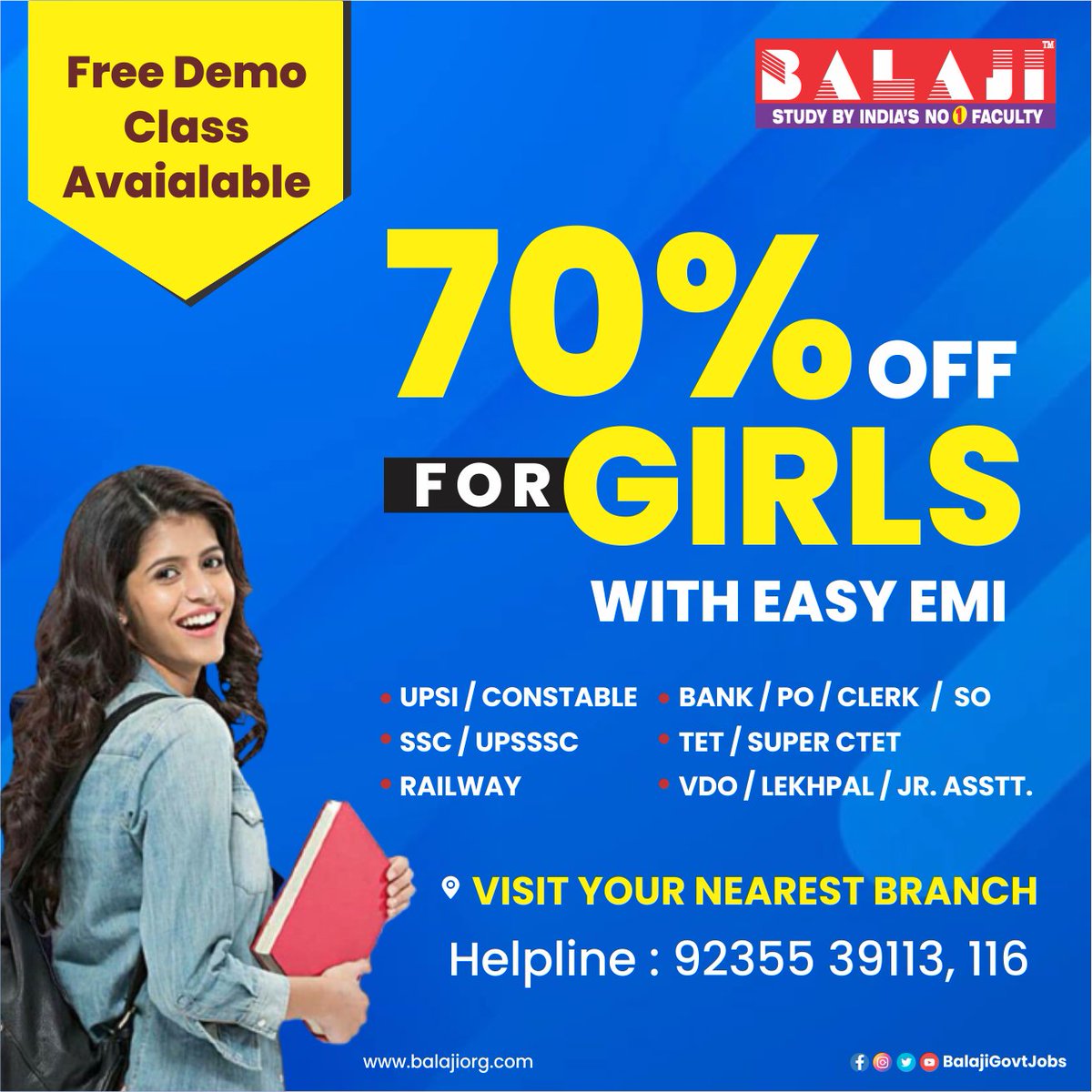 Balajigovtjobs's tweet image. 70% OFF For #Girls 
with #EasyEMI

Visit Your Nearest Branch 
or Call Helpline: 9235539113

#freedemoclasses #balajiinstitute
#balajicoaching