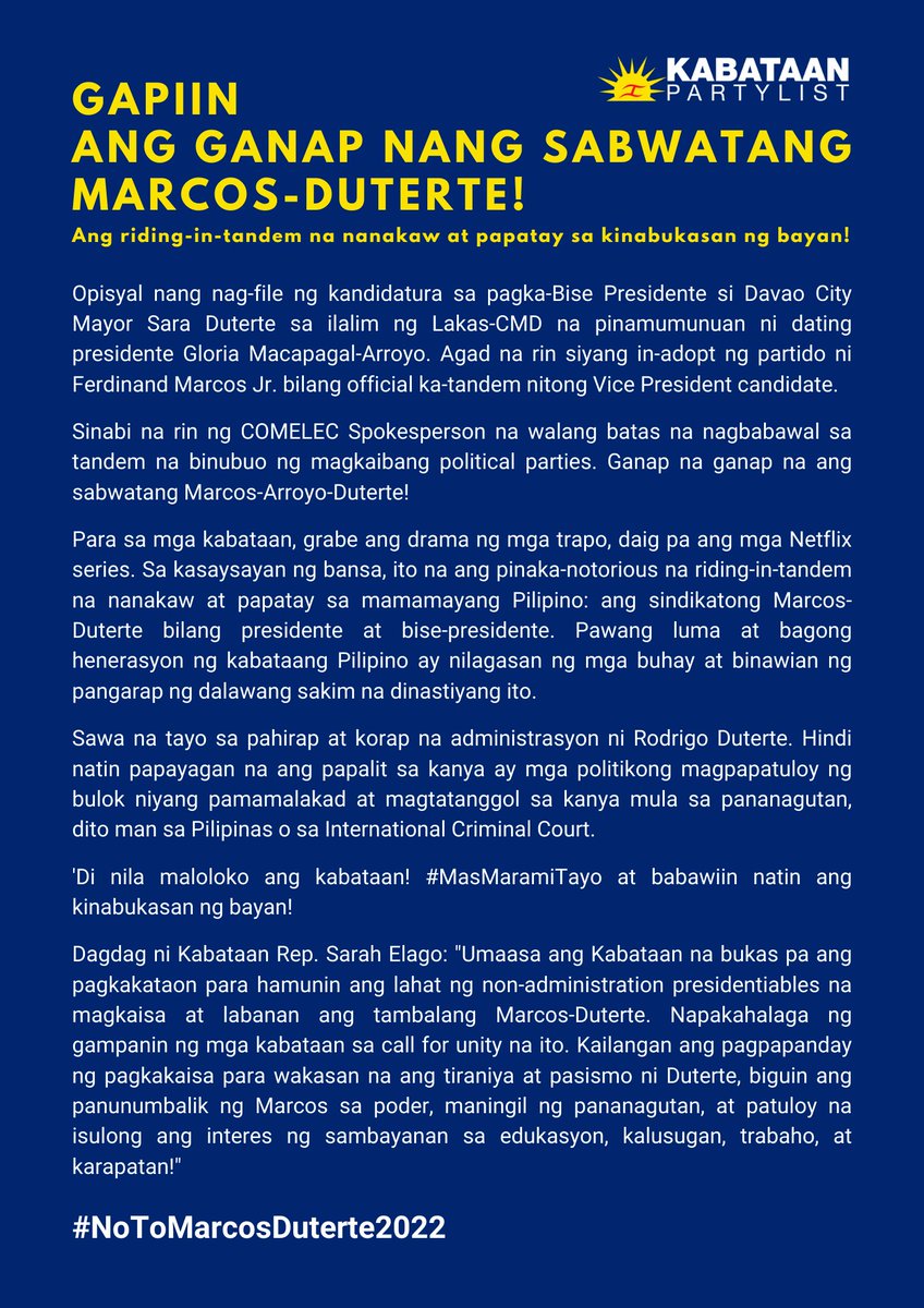 KabataanPL's tweet photo. Gapiin ang ganap nang sabwatang Marcos-Duterte: Ang riding-in-tandem na nanakaw at papatay sa kinabukasan ng bayan! – Kabataan Partylist 

#NoToMarcosDuterte2022 
Read full statement here: https://t.co/wfmQ3xKFil https://t.co/UzoR3sED07