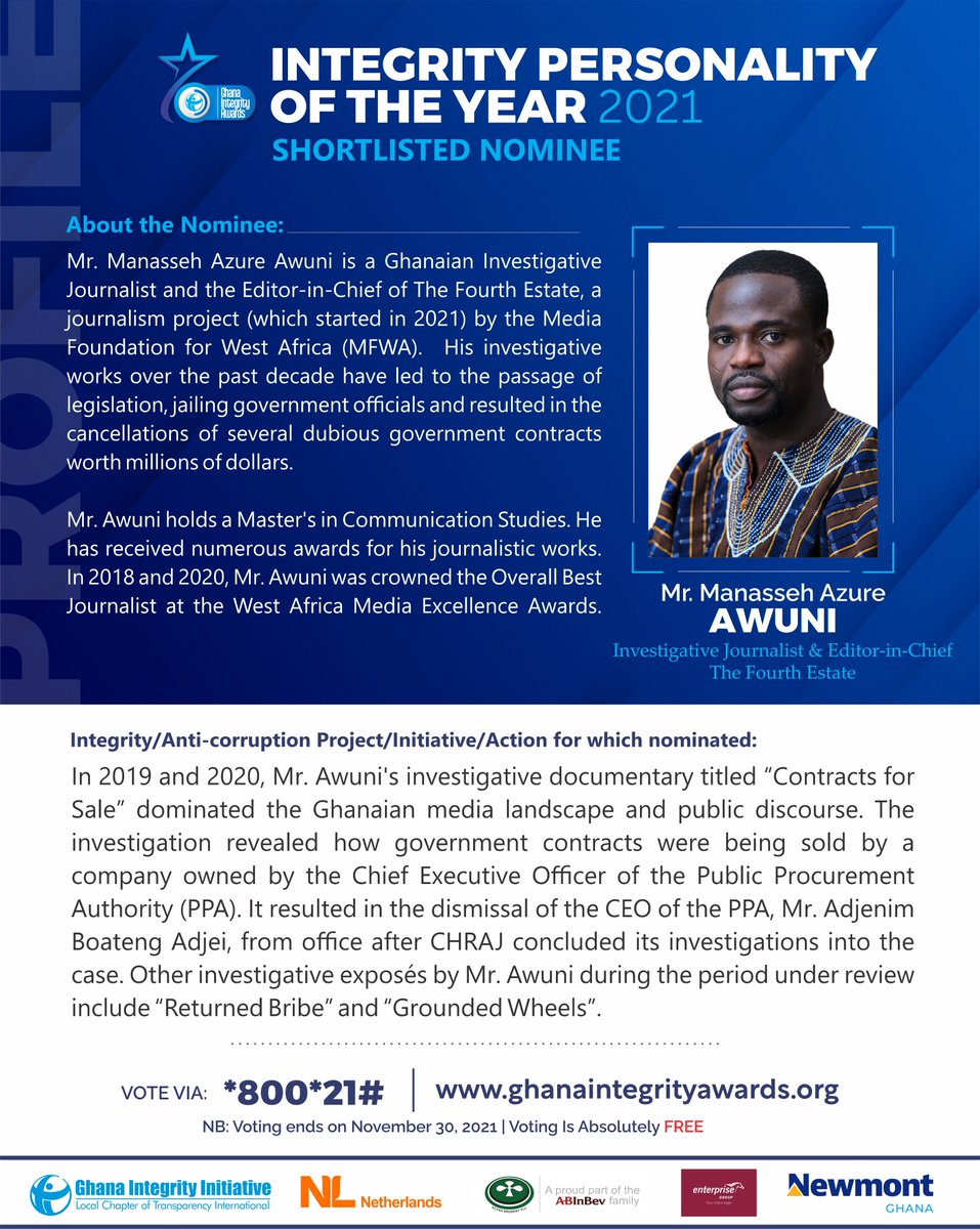 tighana_'s tweet photo. 3/5 Our third nominee is @Manasseh_Azure
He has been nominated for his investigative documentary, “Contracts for Sale” that revealed corrupt actions regarding government contracts.
Kindly read more about Mr. Manasseh Azure Awuni below.
#GIAWARDS #GIAWARDS2021 #MyIntegrityHero https://t.co/yjiW7bZeit
