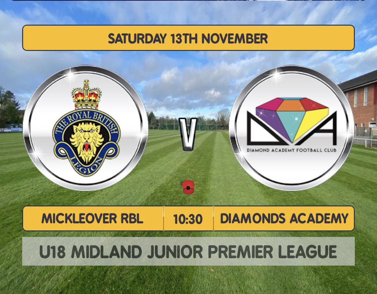 MickleoverRBLFC's tweet photo. 🦁🦁🦁TODAY’S FIXTURE🦁🦁🦁

📅 Saturday 13th November 2021
🆚 Diamond Academy Red U18’s
🏆 @MJPL_UK 
⏰ 10-30 KO
🏟 Mickleover Royal British Legion Football Club
📍DE3 9GB

Team sponsor - @totalhire https://t.co/ZQl6pMWoqQ