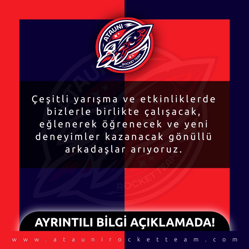 atarocketteam's tweet photo. 2018 yılından itibaren faaliyetlerini sürdüren ve çeşitli başarılar sağlamış roket takımımız için yeni ekip arkadaşları arıyoruz. Sen de bu ekipte yer almak, deneyimler kazanıp yeni başarılara imza atmak istiyorsan linkten başvuru yapabilirsin! 🚀🚀🚀 https://t.co/aAMlNPycjL https://t.co/gV1NmWiJXn