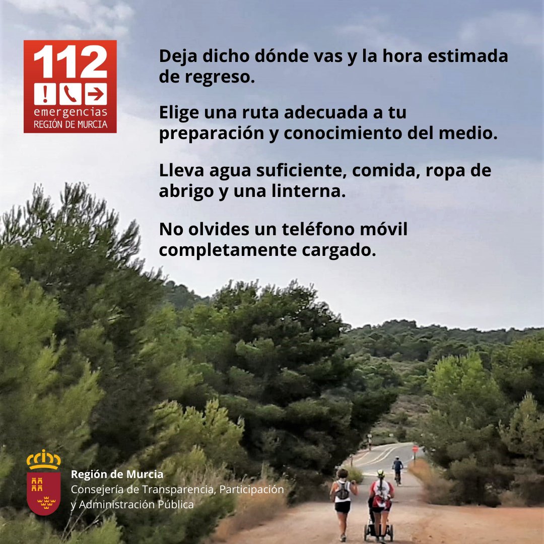 ¡Buenos días!
Se anuncia fin de semana estupendo para salir a disfrutar de la naturaleza. Hazlo con seguridad.
No olvides llevar en el móvil la app '112 Región de Murcia'. Si tienes una emergencia y nos llamas a través de ella, te localizaremos al instante.