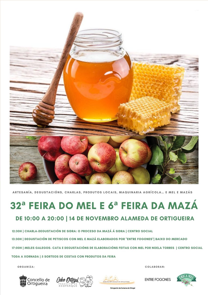 Mañá celebramos a #FeiradoMeledaMazá de #Ortigueira, unha xornada adicada a estes 2 produtos tan representativos da nosa zona e tan importantes para ela.
Estades todos convidados!
#Galicia #feiradomel #feriadelamiel #mel #maza #miel #productolocal #km0 #kmcero #feriadealimentos