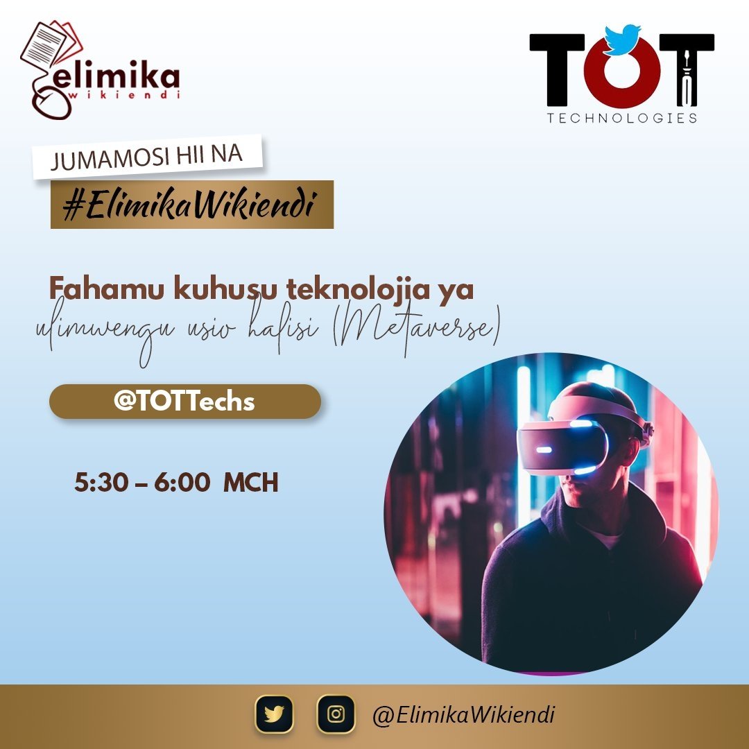 RednetCompany's tweet photo. Leo tupatane katika jukwaa letu la #ElimikaWikiendi tunapoenda kupata madini kuhusu #Metaverse . Ni kitu gani hiko, kinatumikaje na kinafungua fursa zipi katika harakati zako za kiuchumi?
Majibu wanayo wataalam kutoka #ToTTech . Hakikisha simu yako ina bando na notifications ON. https://t.co/4K4t2RcCuW