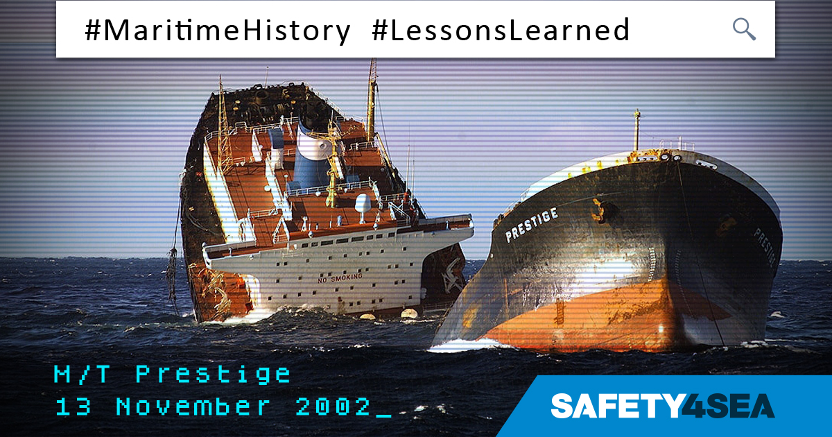 safety4sea's tweet photo. #MaritimeHistory: On 13 November 2002 the Greek-owned and Bahamas-operated tanker #Prestige encountered heavy weather and sank off the coast of Spain, causing the worst environmental disaster in the country and one of the greatest #OilSpills in Europe. ⚓ https://t.co/24krvLRHLC https://t.co/6eBWRxHYhA