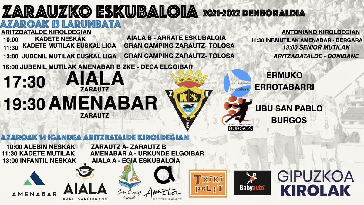 Zarauzko Eskubaloia (@zkeskubaloia) on Twitter photo ASTEBURUKO ORDUTEGIAK:
Gogoratu gaur arratsaldean <a href="/AialaZarautz/">AialaZarautz</a> eta <a href="/AmenabarZarautz/">Amenabar Zarautz</a> jarraian ikusteko aukera izango dezuela sarrera berdinaren truke! ASTEBURUKO ORDUTEGIAK:
Gogoratu gaur arratsaldean <a href="/AialaZarautz/">AialaZarautz</a> eta <a href="/AmenabarZarautz/">Amenabar Zarautz</a> jarraian ikusteko aukera izango dezuela sarrera berdinaren truke!