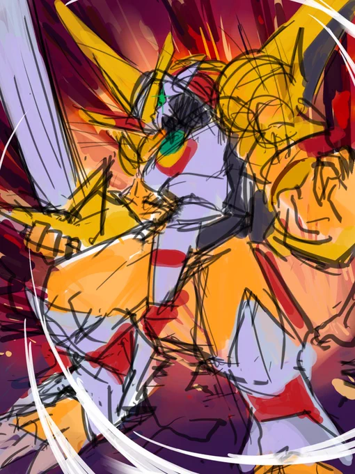 #皆さんラフと完成絵を見せてください
デジモン絵
ラフの方が生き生きしてるかも? 