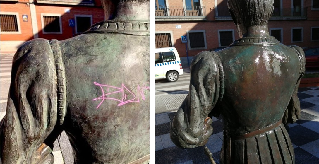 TalaveraAyto's tweet photo. La estatua a Fernando de Rojas, que está instalada en plena Plaza del Pan, ya ha vuelto a lucir con todo su esplendor; después de que los servicios de limpieza hayan procedido a eliminar la pintada con la que este elemento amaneció. https://t.co/usB52Kskif