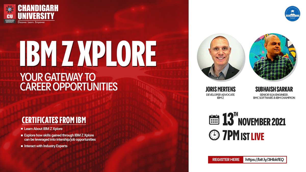 Chandigarh_uni's tweet photo. Want to imbue your skills with an advanced learning platform? Join the zStudents-CU team to get introduced to #IBM Z Xplore led by Joris Mertens (Developer Advocate, @IBMZ) &amp; Subhasish Sarkar (Senior SQA Engineer, @BMCSoftware &amp; @IBM Champion). Live Today at 7PM IST. https://t.co/XvqbxsugGi