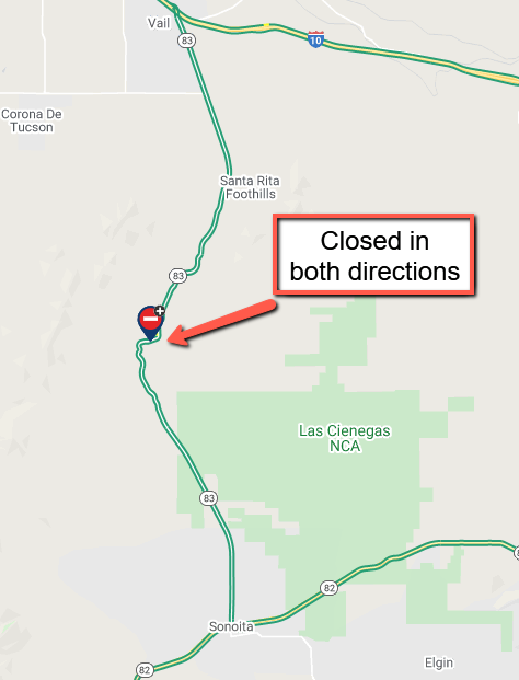 ArizonaDOT's tweet photo. *CLOSURE* *PLEASE SHARE*
State Route 83 is closed in BOTH DIRECTIONS south of Santa Rita Foothills due to a crash at milepost 45.
Expect delays and seek an alternate route.
There is no estimated time to reopen the highway.
#aztraffic #SR83 https://t.co/0Z4MRyROz6
