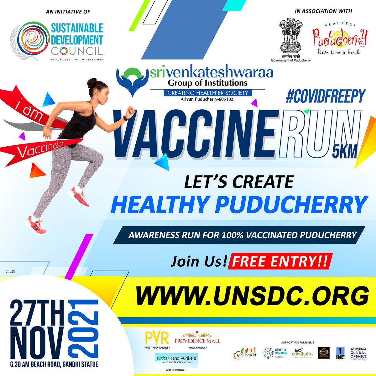 No one is SAFE! Untill Everyone is SAFE! Run with us to create #COVIDFREEPY

Join our Campaign PY VACCINE RUN in Association with Department of Tourism &amp; Health, Government of Puducherry on 27th Nov 2021, by 6:30AM at Beach Road. 

Register Now: unsdc.org