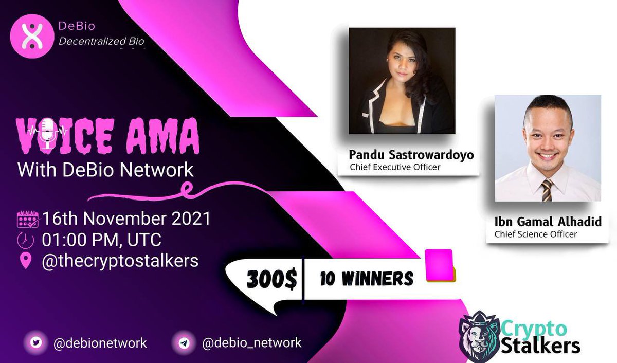 Zain_Onchain's tweet photo. 📢 We're thrilled to announce our next #voiceAMA with @DeBio_Network on 16th Nov at 1:00 PM UTC

💰 Reward Pool: 300$
📍 Venue: https://t.co/4koyOUE3q5
〽️ Rules:
✅ Follow @StalkersCrypto &amp; @DeBio_Network 
✅ Like &amp; Retweet
✅ Comment Questions &amp; Tag 3 Friends with BEP20 address https://t.co/98oPa3N970