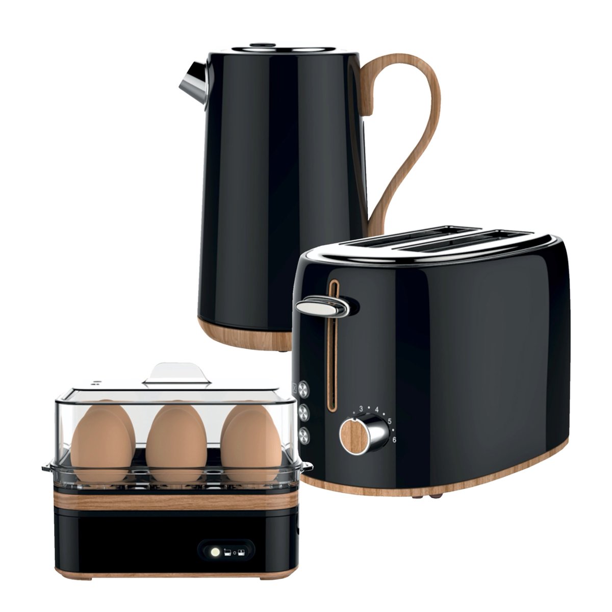 The new Swan black breakfast pack with wooden effects is now available!  #swanappliances #kitchenappliances #kettle #toaster #eggboiler