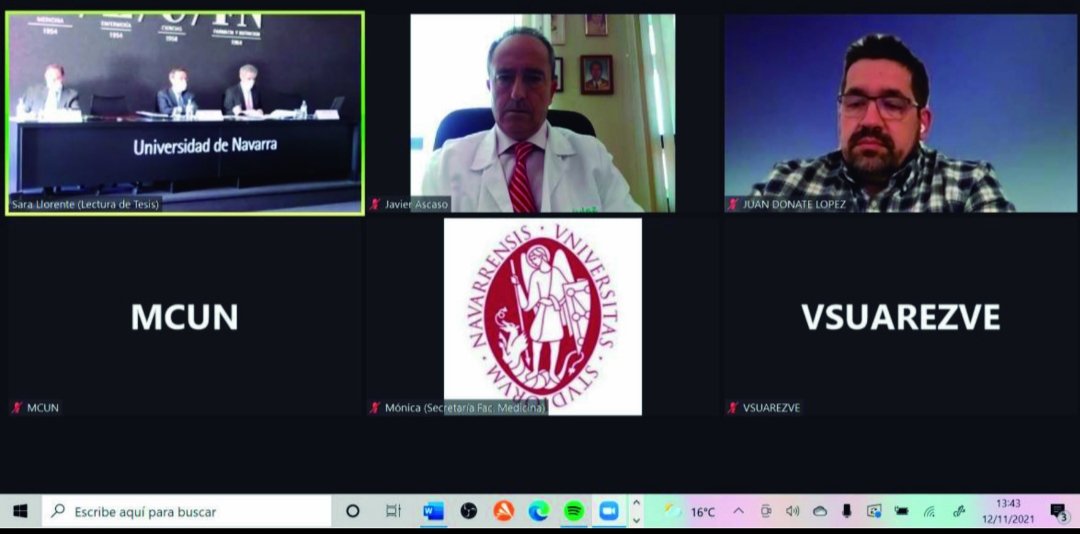 javierascaso's tweet photo. Aunque de forma telemática, fue un placer formar parte del tribunal que ha juzgado la interesante tesis doctoral sobre DMAE defendida por la doctoranda, y ya brillante doctora, Sara Llorente en la Universidad de Navarra @oftalmoHCULB @RetinaSERV @Club_Esp_Macula @medicoszaragoza https://t.co/mLKKGpsj3P