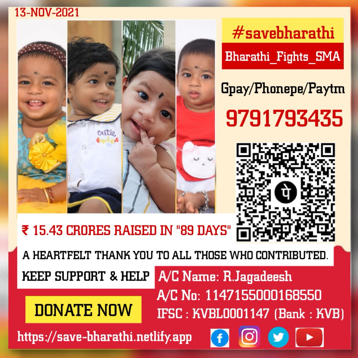 RengaShyam's tweet photo. Thanks to who all are contributed and supported so far. Not far away. 

Just ₹ 56.77 lakhs needed. Please spread and help baby bharathi. 

Help with Humanity will always rocks !!!

#savebharathi
#DonateToSaveBharathi
#TimeToSaveBharathi https://t.co/z301Zu6a1L