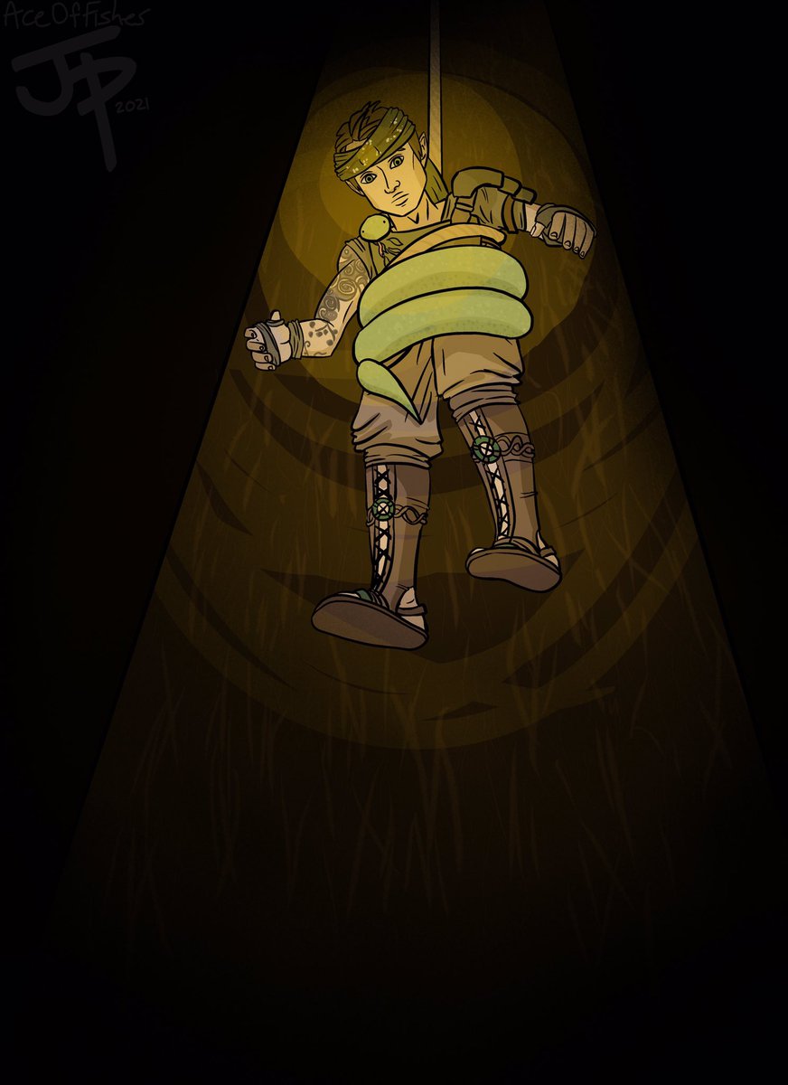 AceOfFishes's tweet photo. First c3 fan art! From ep 4, it’s our favorite spelunking halfling and his emotional support snake #CriticalRole #criticalrolefanart https://t.co/A3J5COYACV