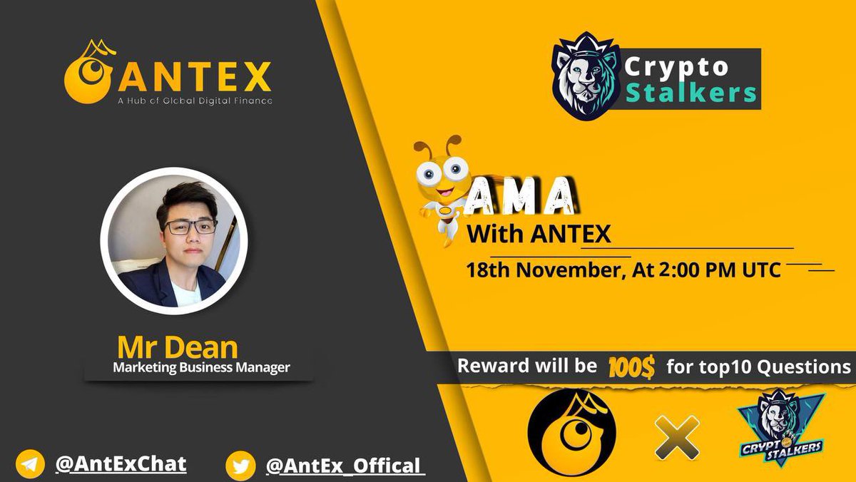 Zain_Onchain's tweet photo. 📢 We're thrilled to announce our next #AMA with @AntEx_Offical on 18th Nov at 2:00 PM UTC

💰 Reward Pool: 100$
📍 Venue: https://t.co/4koyOUE3q5
〽️ Rules:
✅ Follow @StalkersCrypto &amp; @AntEx_Offical 
✅ Like &amp; Retweet
✅ Comment Questions &amp; Tag 3 Friends with BEP20 address https://t.co/HEMT5MY4I4