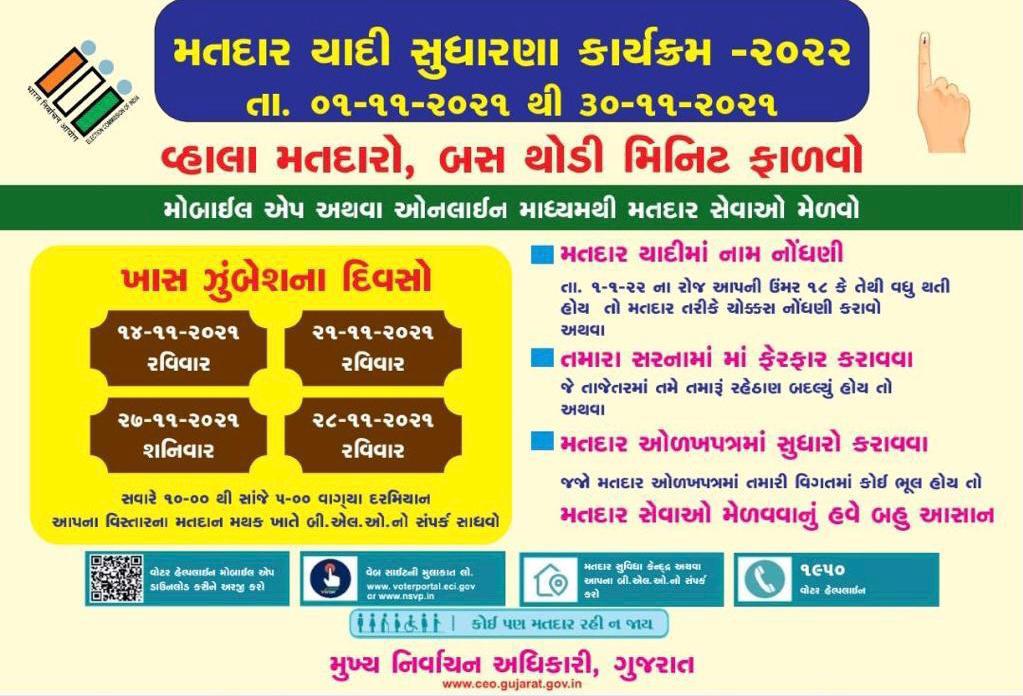 ખાસ ઝુંબેશ ના દિવસો ૧૪/૧૧,૨૧/૧૧,૨૭/૧૧,૨૮/૧૧. અદ્યતન મતદાર યાદી એ સશકત લોકશાહી નો પાયો છે. તેથી તમારા મતદાન મથકે જઈ ને  મતદાર યાદી ને અદ્યતન બનાવવા ખાસ ઝુંબેશના દિવસોનો લાભ લેવા મતદારો ને નિમંત્રણ છે
<a href="/Collectorbhav/">Collector & District Magistrate Bhavnagar</a>  <a href="/CEOGujarat/">Chief Electoral Officer, Gujarat</a>