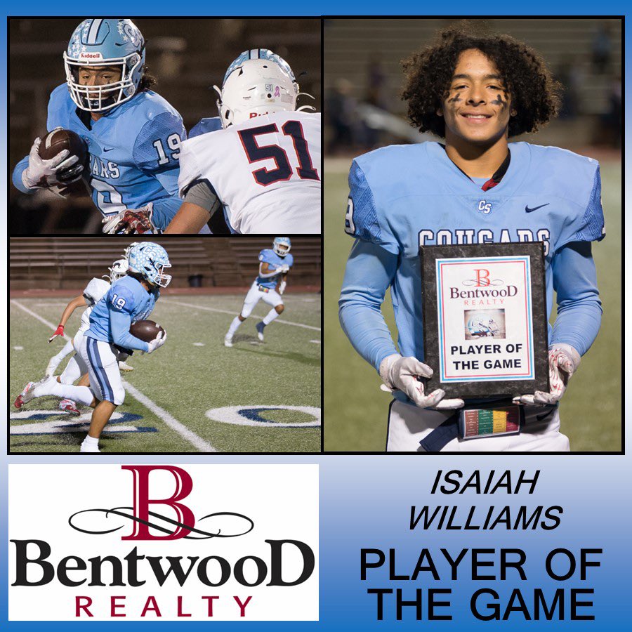 For the 2nd time this season, Isaiah Williams snags the <a href="/BentwoodRealty/">Bentwood Realty</a> Player of the Game award! With more than 200 all-purpose yards, including a 92-yd run on a pass from QB <a href="/MajorBowden/">Major Bowden</a>, Williams showed Cougar Nation why he’s a playmaker to count on. #GoCougs #1and0 #BYOE