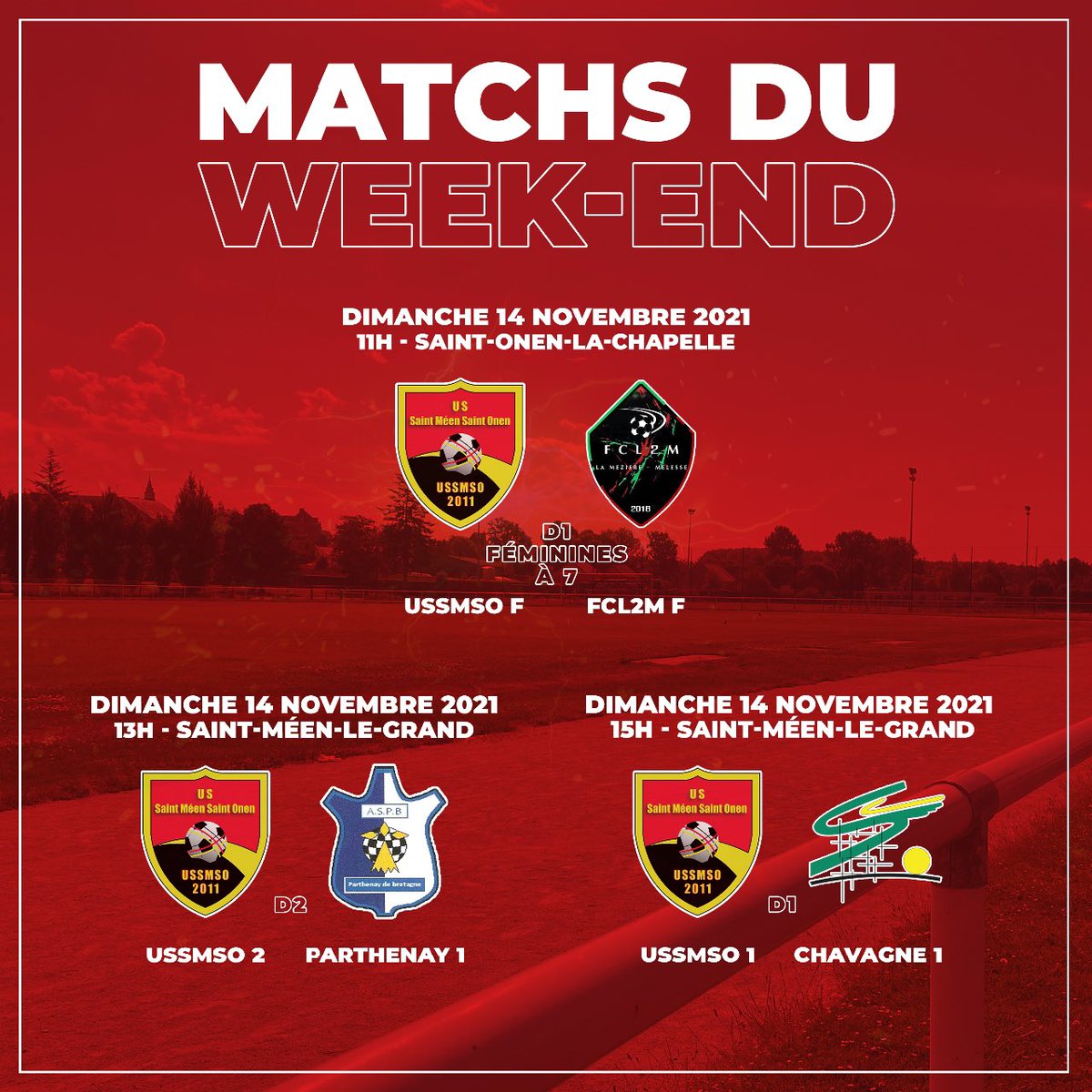ussmso's tweet image. [Seniors] 

Les matchs du week-end 👇

👨 Les 2 équipes masculines jouent à Saint Meen 

👩 L’équipe féminine reçoit FC La Mézière Melesse à St Onen à 11h