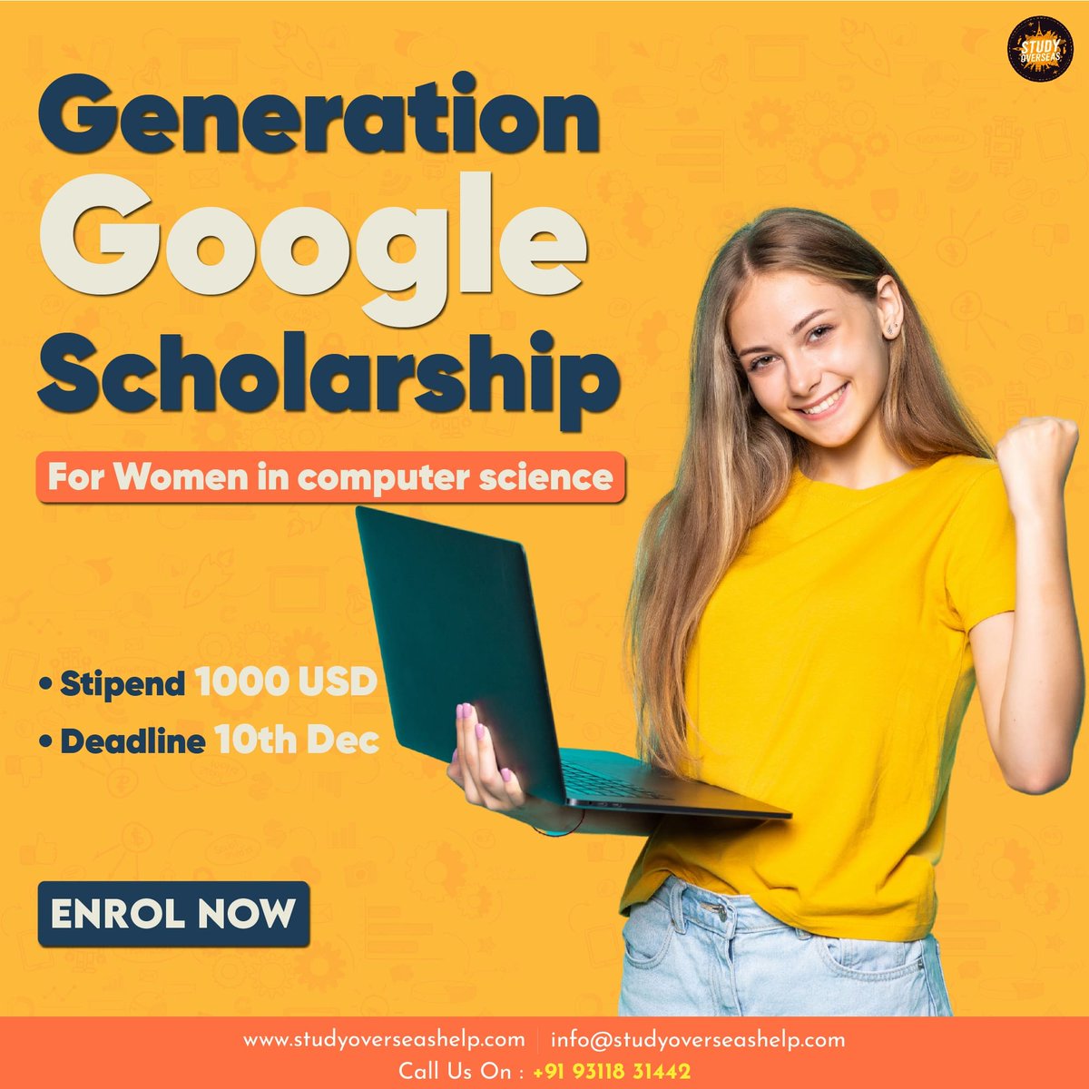 StudyoverseasH's tweet photo. Generation Google Scholarship : for Women in computer science was established to help students pursuing computer science degrees excel in technology and become leaders in the field. Selected students will receive $1,000 USD for the 2022-2023 school year. https://t.co/OyUQS7L5Cc