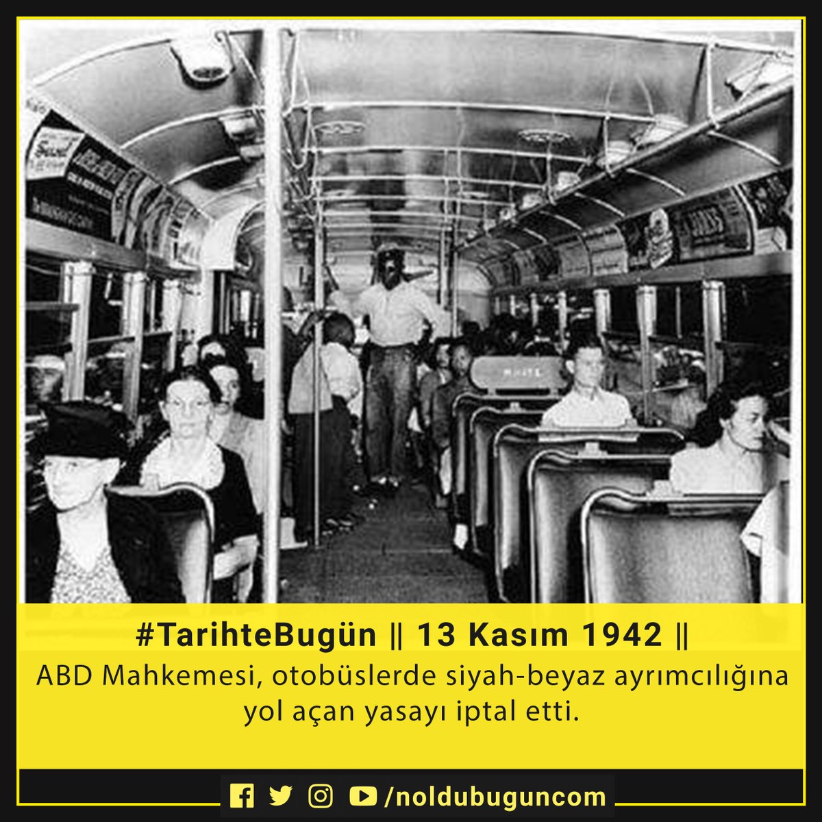 noldubugun_com's tweet photo. #TarihteBugün 13 Kasım 1956
ABD Mahkemesi, otobüslerde siyah-beyaz ayrımcılığına yol açan yasayı iptal etti.

#ırkçılık #ABD https://t.co/zKB6LZbIWa