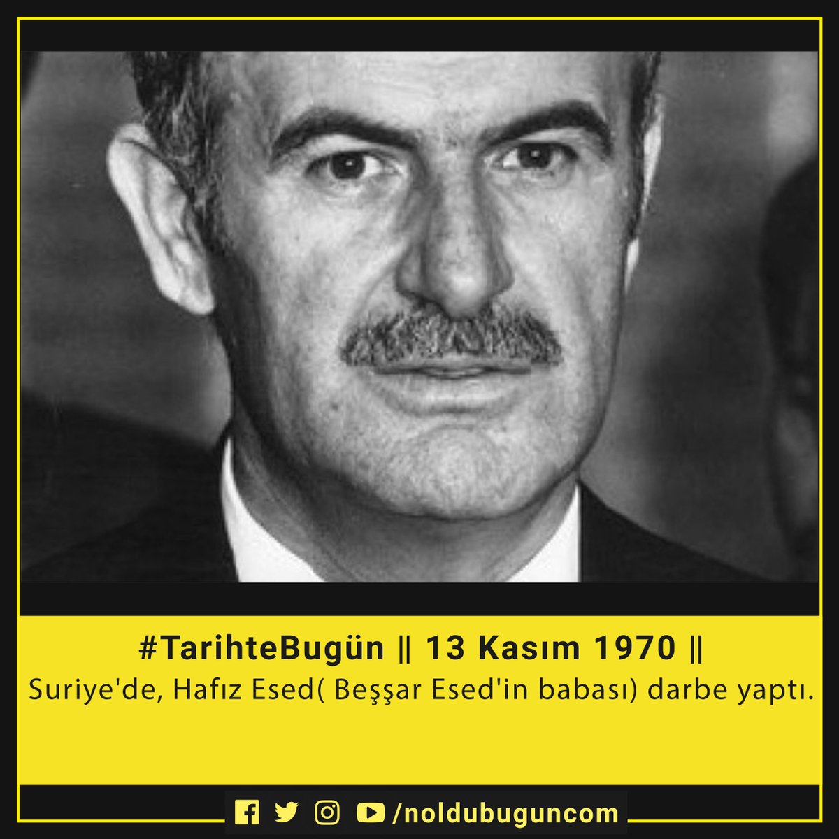 noldubugun_com's tweet photo. #TarihteBugün 13 Kasım 1970
Mevcut Suriye Devlet Başkanı Beşşar Esed'in babası Hafız Esed kansız bir askeri darbeyle ülkenin yönetimini ele geçirdi.

#haber #darbe #askeri #Suriye https://t.co/uIsqksUicd