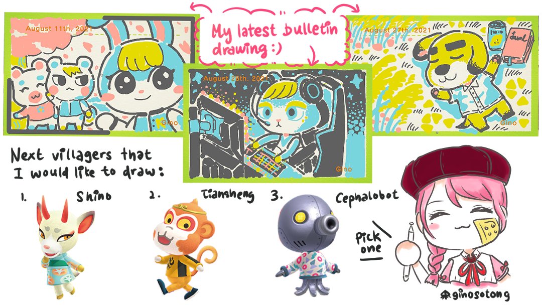 GinoSotong's tweet photo. [✨3 Free Bulletin Drawings ✨]
I'll randomly pick 3 winners for acnh bulletin drawings of Shino, Tiansheng &amp; Cephalobot respectively, 1 each.

To join:
🌸Following me
🌸RT this post
🌸comment ONLY 1 villager 

End:14th Nov 2021, 9pm (gmt+8)

Read comment for more info. Thank you https://t.co/eDUqKWqdV6