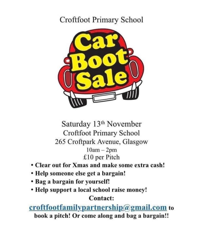 Good morning today’s the day Croftfoot host there very first car boot sale. See you all soon it’s going to be a fabulous day 🙌 <a href="/croftfootschool/">Croftfoot Primary</a> <a href="/HallGlencroft/">Glencroft Hall (Kings Croft)</a>