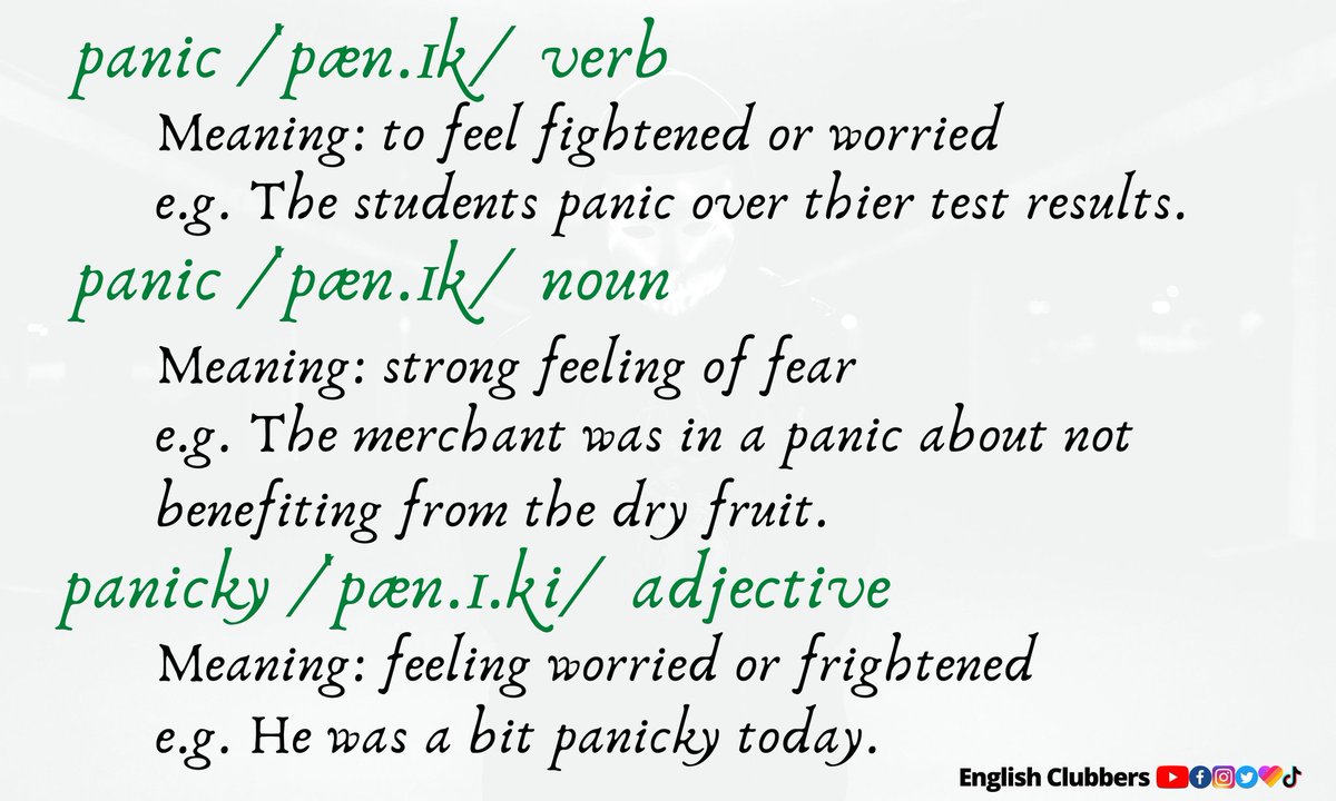 englishclubber's tweet photo. #panic #panicky #vocabulary #learning #EnglishClubbers #toefl #ielts #grammar #vocabulary #Idiom #Prepositions #Learn_English #ingles #englishlearning #englishtips #english #englishgrammar #englishvocabulary https://t.co/CJf4xF1Q9V