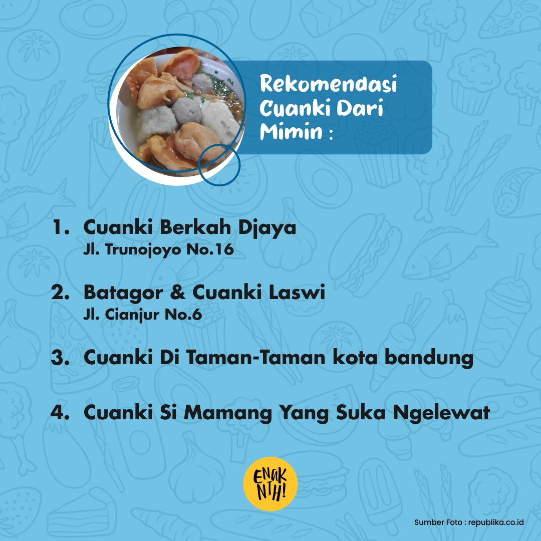 infobdg's tweet photo. Nah berikut mimin kasih tempat rekomendasi Cuanki enak di Bandung :
1. Cuanki Berkah Djaya di Jl. Trunojoyo no.16
2. Batagor &amp; Cuanki Laswi di Jl. Cianjur no.6
3. Cuanki di Taman-taman Kota Bandung
4.  Cuanki Si Mamang yang suka lewat https://t.co/Ozq20qpczL
