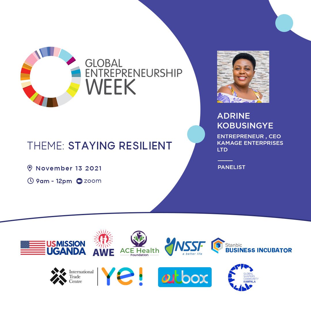 As entrepreneurs,  we are always simple. 
To me, resilience is the ability to move on. The ability to keep standing.  ~ Adrine Kobusingye.
#AWEInUganda 
#AWEnergised 
#GEW2021