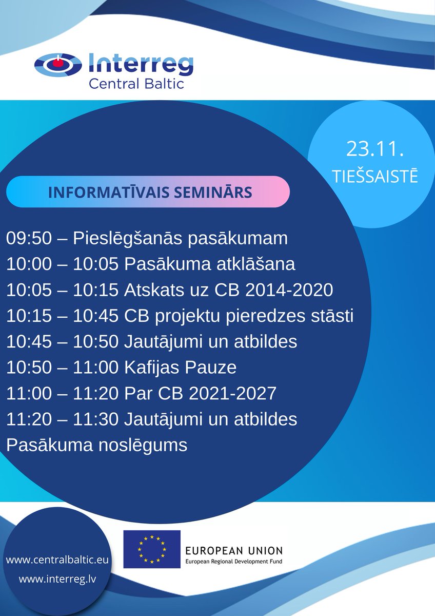 CentralBaltic's tweet photo. Are You interested to hear more about @CentralBaltic   actualities in Latvian? You are welcome to participate on Information seminar 23.11, online!
👉 Please, register here (till 17.11.): https://t.co/1NSYR7xhMF
#Interreg #CBresults #CBnext #cp_lat https://t.co/GSn0Oh92Pc
