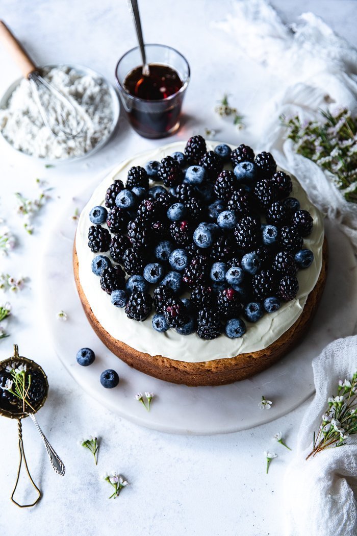Maple Syrup 🍰 Cake. Topped with Blueberries and Blackberries.
