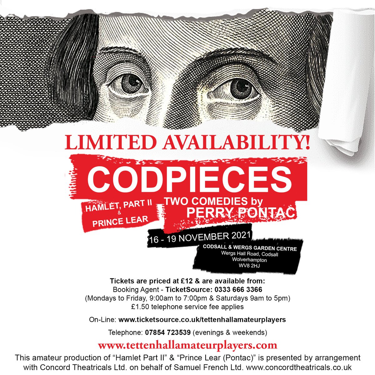 TAPlayers's tweet photo. As we make final preparations ahead of week next week... we have LIMITED AVAILABILITY for our production of CODPIECES by Perry Pontac, 16-19 November.
.
Details of how to book tickets are attached!
Hope to see you there!
.
#codpieces #perrypontac #tettenhallamateurplayers #TAP https://t.co/9EhpBMAlGD