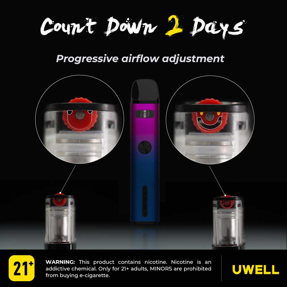 Progressive Airflow Adjustment. Added airflow control wheel of Caliburn G2 can adjust the flow of smoke. A more precise function feed the diverse demands on smoke flow and flavor. Warning: Nicotine is Progressive Airflow Adjustment. Added airflow control wheel of Caliburn G2 can adjust the flow of smoke. A more precise function feed the diverse demands on smoke flow and flavor. Warning: Nicotine is